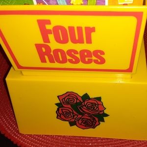 Vintage Four Roses cocktail napkin holder and shot glasses.